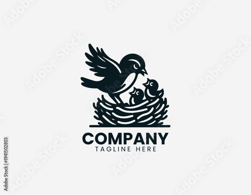 Parent bird feeding baby chicks in nest in clean modern wildlife vector illustration style