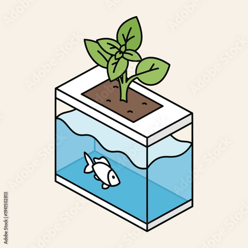 Aquaponics system with fish and plant illustration.