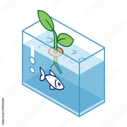 Aquaponics system with fish and plant in a tank.