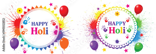 Colorful Happy Holi festival banners with paint splashes, balloons and decorative elements, Indian spring festival celebration design isolated on white background