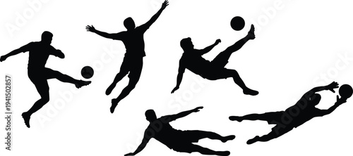 Soccer player silhouette action, dynamic football poses, athletic energy illustration, sports motion artwork, ball kicking design, expressive movement concept, modern graphic background