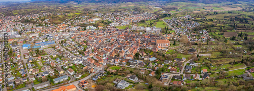 Aerial view around the old town of the city Ettenheim in Germany on a sunny late autumn noon