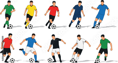 Soccer players dribbling ball action set, football athletes running and controlling ball, professional sport movement vector illustration