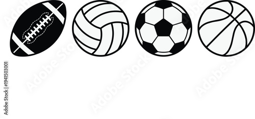 Sports balls illustration, football volleyball soccer basketball, black and white graphic design, athletic equipment artwork, modern sports icon concept, dynamic background