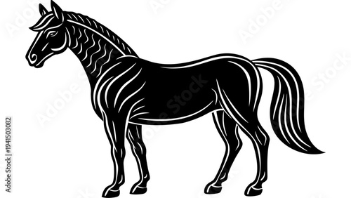 Majestic black horse with flowing mane and tail standing proudly