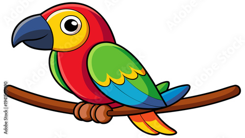Vibrant cartoon parrot perched on branch with colorful feathers