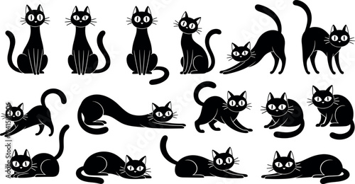 Cute Cat Silhouette Collection Featuring Sitting, Stretching, Walking, Playing, and Sleeping Kitten Poses Cartoon Vector Set