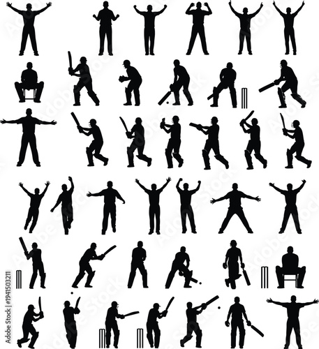 Cricket player silhouettes set with batting bowling fielding wicket keeping and umpire actions sports activity collection isolated vector illustration