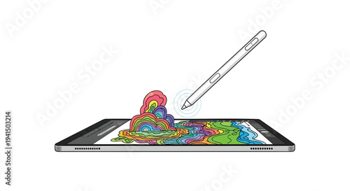 Vector illustration of a stylus on a tablet with colorful graphic design