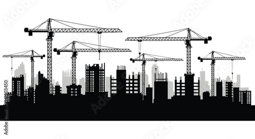 A striking black silhouette depicts a cityscape with numerous construction cranes and buildings creating a dramatic skyline silhouette high quality professional