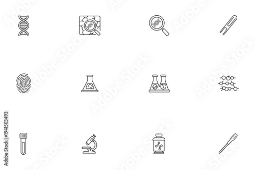 Set of Minimalist Genetics and DNA Laboratory Line Art Vector Icons for Science and Biotech Research