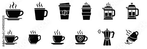 Steaming coffee cups and brewers feature beverage.