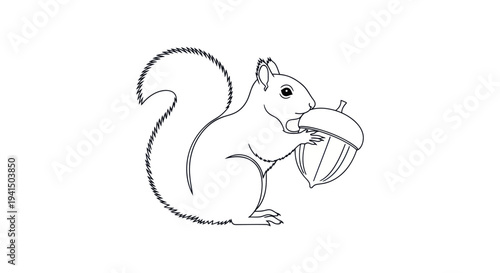Squirrel Eating Acorn Simple Line Drawing.