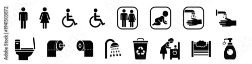 Black restroom pictograms show facilities for.