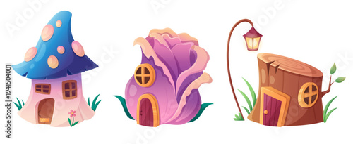 Fairy house set with magical mushroom, rose flower and tree stump dwellings. Enchanting fairy cottages with cute doors, windows and lanterns for fantasy game design and children illustration.