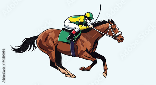 Jockey Riding Brown Horse in Full Gallop.