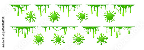 Slime splash set with green dripping shapes and sticky blobs on white background. Jelly texture elements of gooey borders, toxic splatter effects and cartoon slime puddles for Halloween game design.
