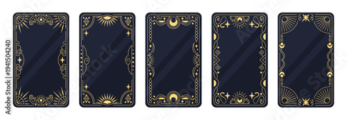 Tarot card with ornate frame and magic border on dark background. Celestial pattern with golden stars, mystic moon symbols and elegant esoteric design for astrology decks and fortune readings.