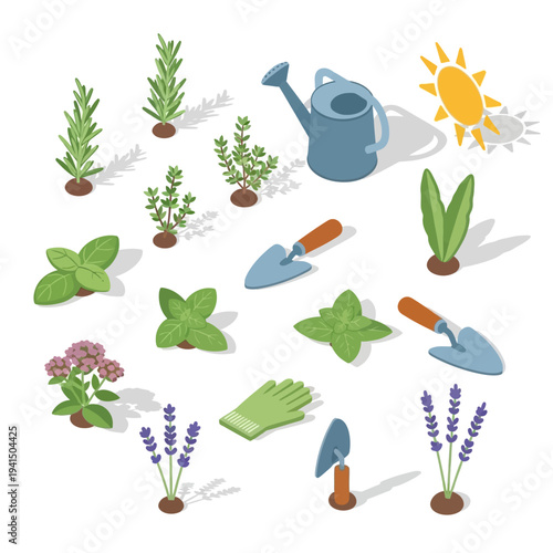 Gardening Tools and Plants Collection Isometric Illustration.