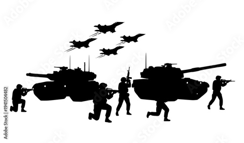 Military forces silhouette set with soldiers tanks rocket artillery and fighter jets vector illustration