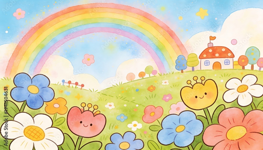 Naklejka premium Watercolor illustration of cute smiling flowers in a meadow with a rainbow and a small house. Whimsical cartoon landscape for nursery decoration, children book background and art design.