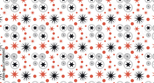 A vibrant and abstract seamless pattern featuring a playful arrangement of black and red starbursts and dots on a clean white background