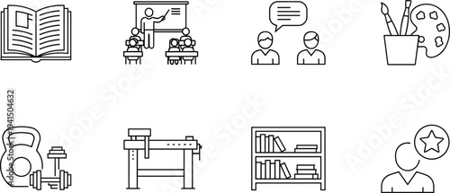 Thin Line Icon Set for Education Creative Arts Fitness Literature Science and Career Growth Featuring Classroom Learning Painting and Professional Skills