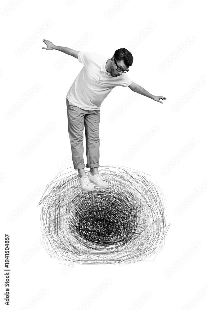 Fototapeta premium Vertical photo collage of astonished guy stand tiptoe drawing hole scribble business failure loss isolated on painted background