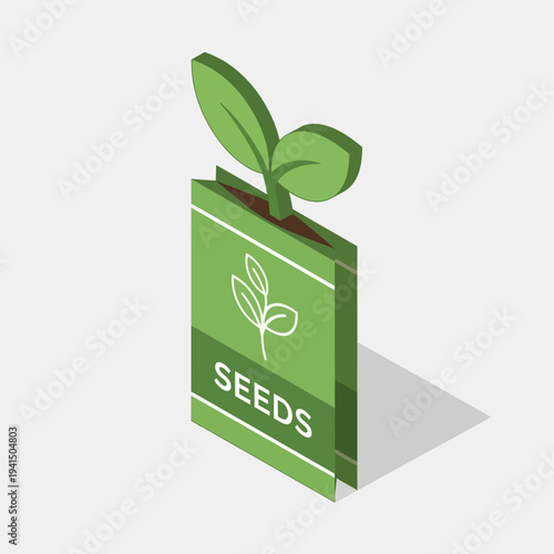 Green seed packet with sprouting plant illustration.