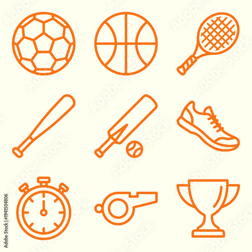 Sports equipment and accessories outline icons set