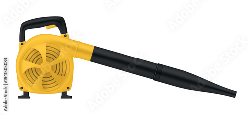 Illustration of a yellow leaf blower used to clear outdoor areas or gardens of fallen leaves during the fall or spring seasons.