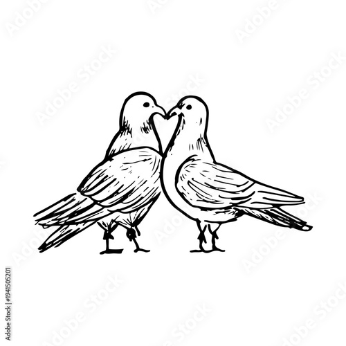 Hand-drawn doodle of two pigeons standing together with their heads touching to form a heart shape, representing love, peace,