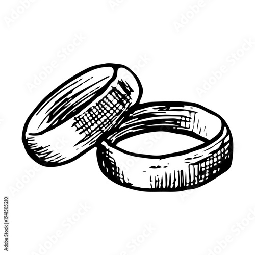 Hand-drawn doodle of two classic wedding rings overlapping, representing marriage, commitment, eternal love, and creative minimalist jewelry design for celebrations