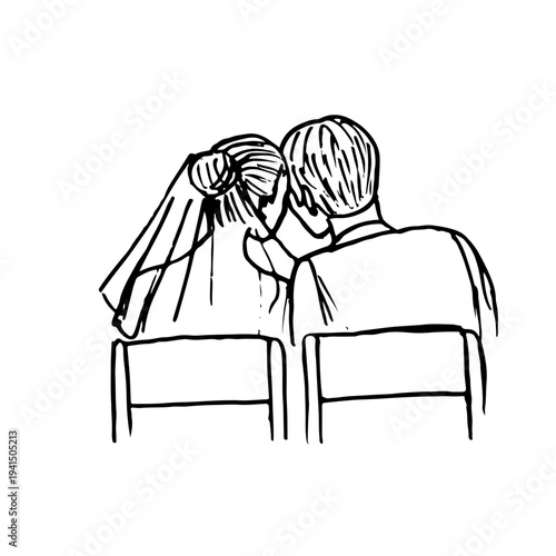 Hand-drawn doodle of a bride and groom sitting together, seen from behind, featuring a classic wedding veil and rustic line art aesthetic