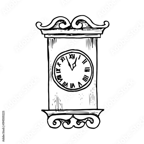 Vintage hand-drawn illustration of a classic pendulum clock or wall clock with Roman numerals on the dial, featuring decorative scrolls and rustic cross-hatched shading