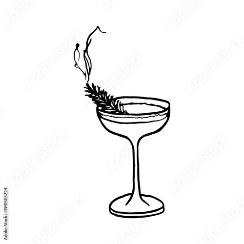 Vintage hand-drawn illustration of a sophisticated cocktail in a coupe glass, garnished with a sprig of rosemary or pine
