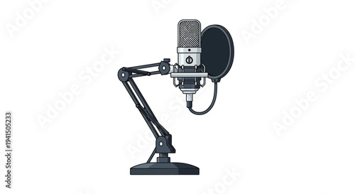 Vector illustration of a studio microphone with stand and pop filter