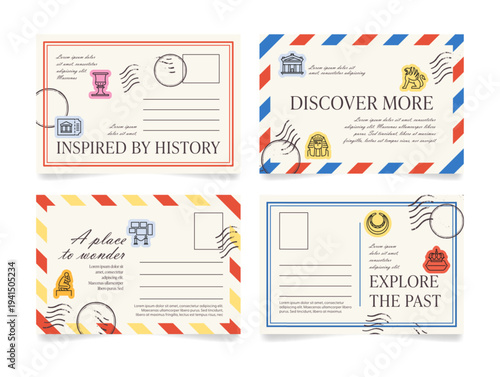 Templates for four themed postcards, each inviting you to share discoveries from different places during your travels with family and friends.