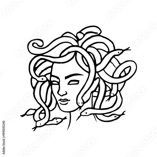 Hand-drawn doodle of the mythological Gorgon Medusa, featuring a female face with a nest of writhing snakes for hair