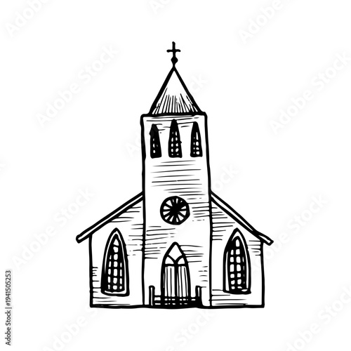 Vintage hand-drawn illustration of a classic church building with a tall steeple, featuring rustic cross-hatched textured shading