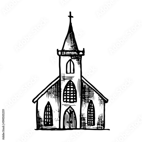 Hand-drawn doodle of a traditional church building with a tall steeple