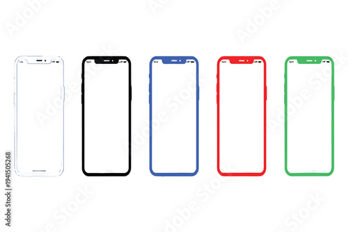 Collection of modern smartphone mockup templates in various vibrant colors with blank screens for app and UI design presentations