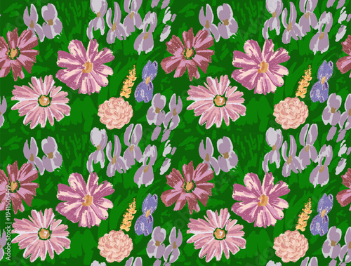 Floral pattern garden flowers such as daisies, irises, and decorative blossoms illustrated in a loose painterly style with a dry-brush texture. Pink, lavender, and lilac flowers 