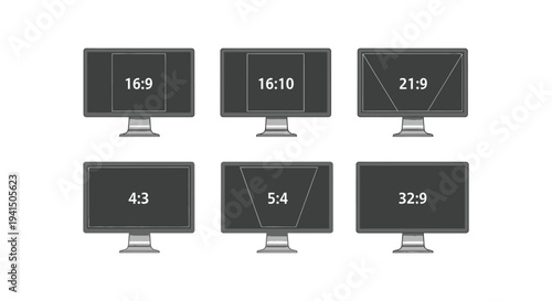 Comparison vector graphic illustrating various digital display screen aspect ratios and formats