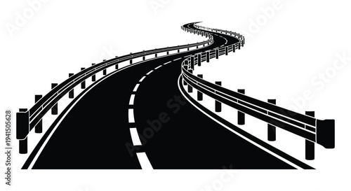 A winding road stretches into the distance depicted as a stark black and white graphic illustration silhouette high quality professional detailed