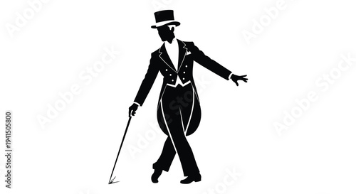 A dapper gentleman in a suit and top hat strides forward captured in a striking black silhouette high quality professional detailed