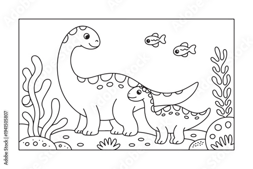 Mother and baby long neck dinosaurs swimming happily underwater with fish and aquatic plants