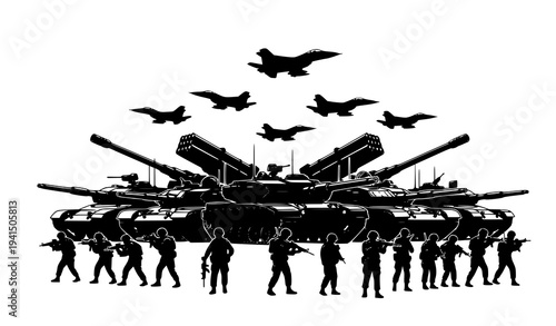 Armed forces battlefield silhouettes soldiers tanks rocket artillery vehicles and fighter jets vector