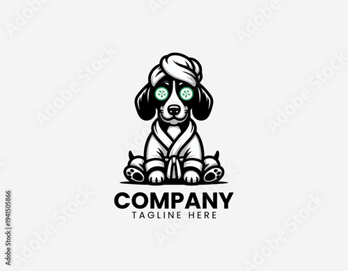 Cute dachshund dog in spa bathrobe with cucumber eyes black vector logo illustration isolated on white background