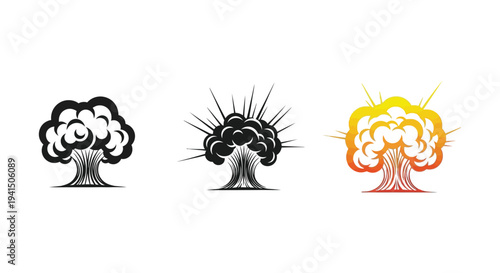 Collection of stylized vector illustrations depicting mushroom cloud explosions in various graphic designs